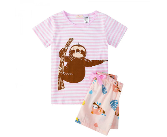 JUNIOR GIRLS 100% COTTON SLOTH SUMMER PYJAMA SET-PINK STRIPE