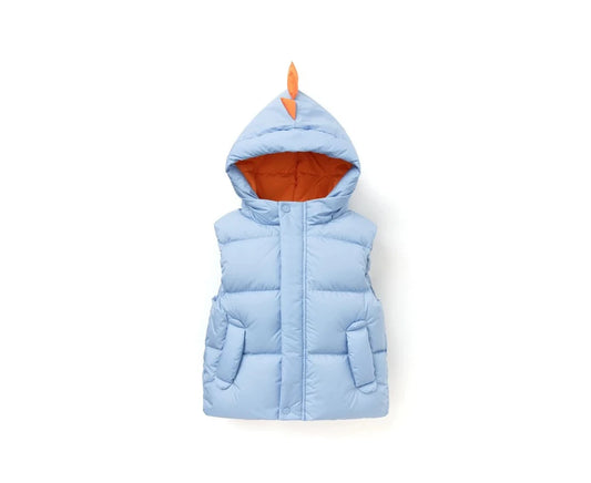 KIDS DINO HOODED PUFFER VEST - BLUE