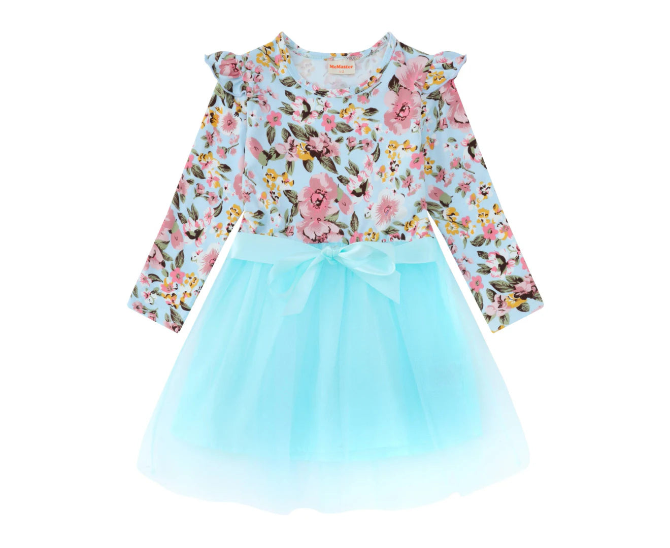 GIRLS FLORAL LONG SLEEVE MESH TULLE DRESS