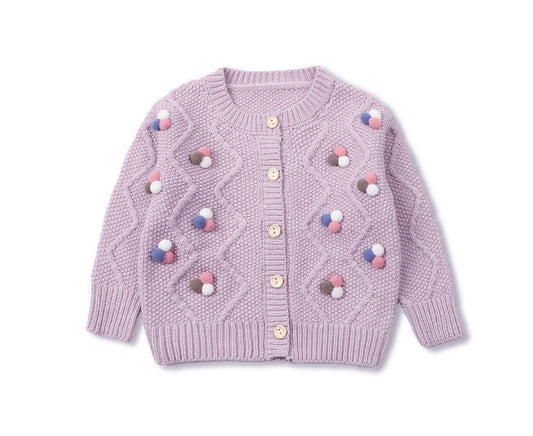 GIRLS POM POM CARDIGAN - LILAC