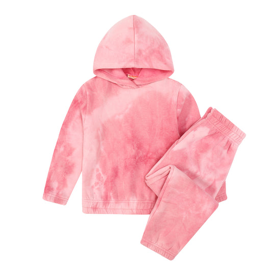JUNIOR TEEN GIRLS TIE DYE BRUSHED FRENCH TERRY TRACKSUIT SET - PINK