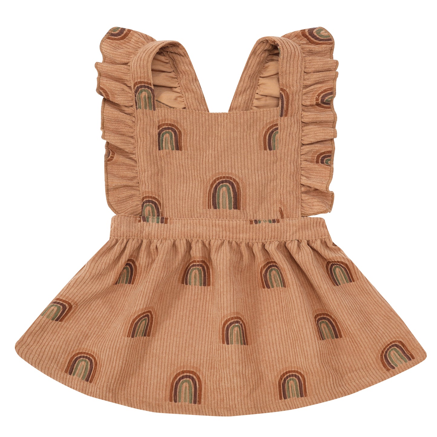 JUNIOR GIRLS RAINBOW CORDUROY PINAFORE DRESS - BROWN