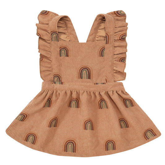 JUNIOR GIRLS RAINBOW CORDUROY PINAFORE DRESS - BROWN