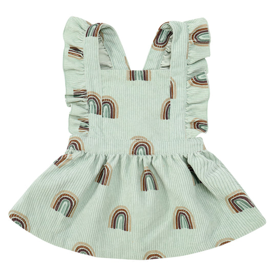 JUNIOR GIRLS RAINBOW CORDUROY PINAFORE DRESS - GREEN
