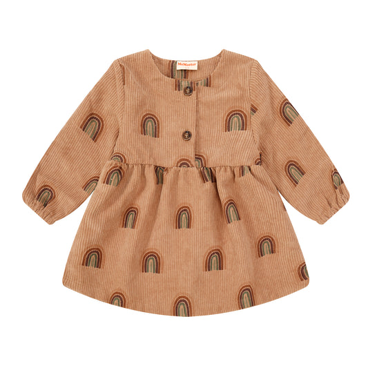 JUNIOR GIRLS RAINBOW CORDUROY LONG SLEEVE DRESS BROWN