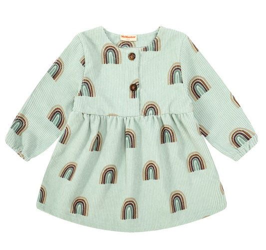 JUNIOR GIRLS RAINBOW CORDUROY LONG SLEEVE DRESS GREEN