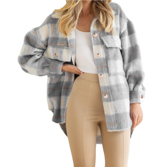 ADULTS WOOL-LIKE CHECK JACKET-GREY