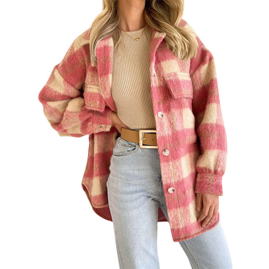 ADULTS WOOL-LIKE CHECK JACKET-PINK